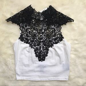 White Crop Top with Black Lace